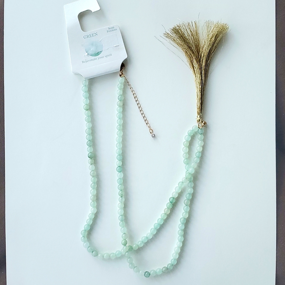 Green Radiate Love and Happiness Semi Precious Long Adjustable Necklace w Tassel